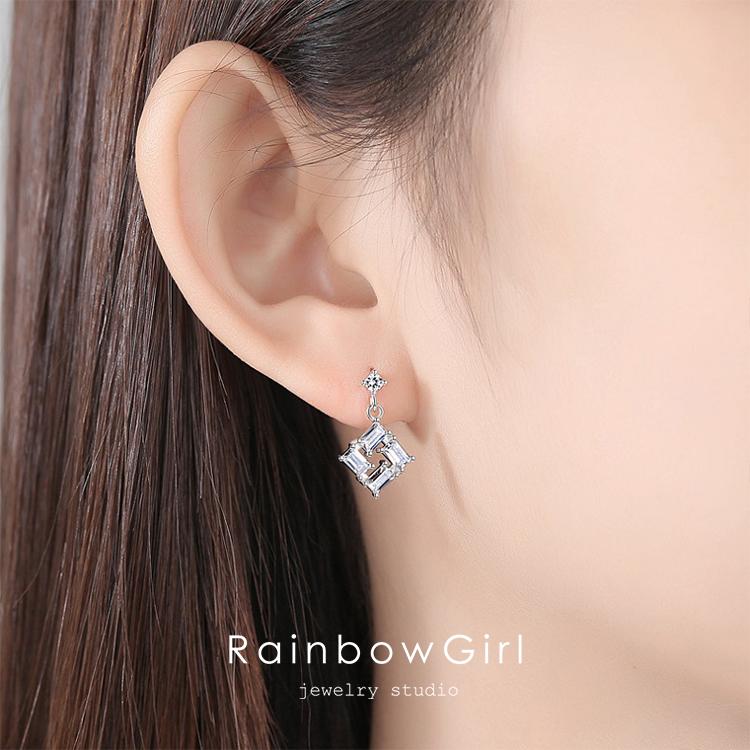 RainbowGirl ピアス レディース 揺れる 四角 スクエア シルバー ピンク 