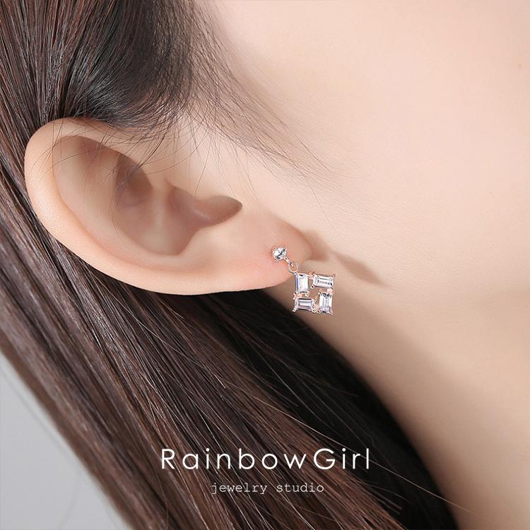 RainbowGirl ピアス レディース 揺れる 四角 スクエア シルバー ピンク 