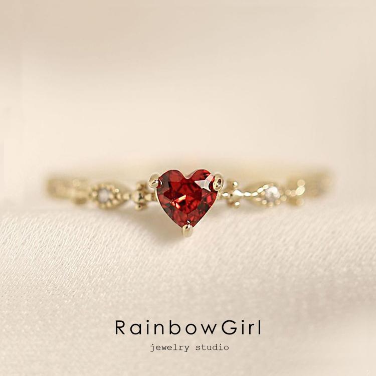 RainbowGirl 指輪 レディース リング 可愛い ハート レッド石