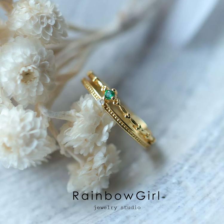RainbowGirl 指輪 レディース リング 可愛い 緑石 エメラルドカラー