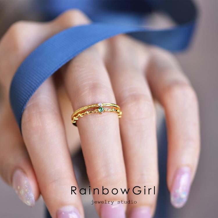 RainbowGirl 指輪 レディース リング 可愛い 緑石 エメラルドカラー