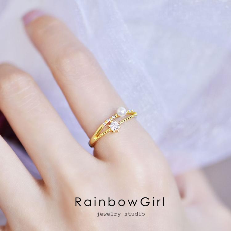 RainbowGirl 指輪 レディース リング 可愛い 一粒 パール ジルコニア 2 
