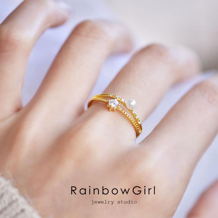RainbowGirl 指輪 レディース リング 可愛い 一粒 パール ジルコニア 2 