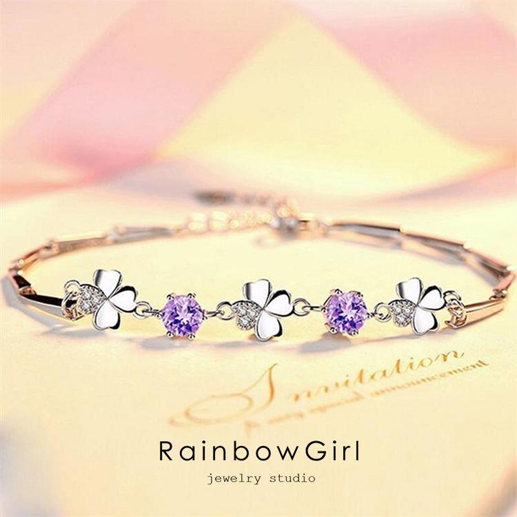 RainbowGirl ブレスレット レディース 2粒ダイヤ 四つ葉のクローバー 3