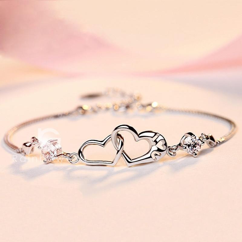 ハートモチーフ　ダイヤ　プラチナ　2連ブレスレット RainbowGirl（アクセサリー） ブレスレット レディース ダブル