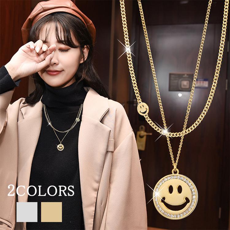 RainbowGirl ネックレス レディース スマイル 2連 笑顔 プレート 円