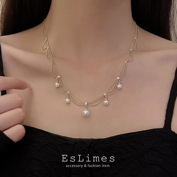 ネックレス レディース 多層式 パール 3連 キラキラ 18kgp ゴールド