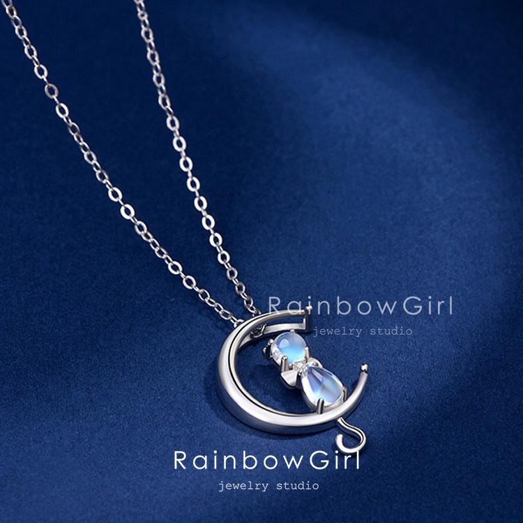 RainbowGirl ネックレス レディース 猫 ねこ 月 可愛い ムーンストーン