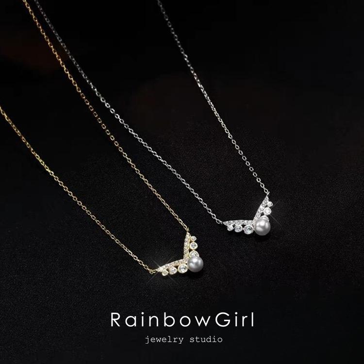 RainbowGirl ネックレス レディース パール V字 CZダイヤ シルバー