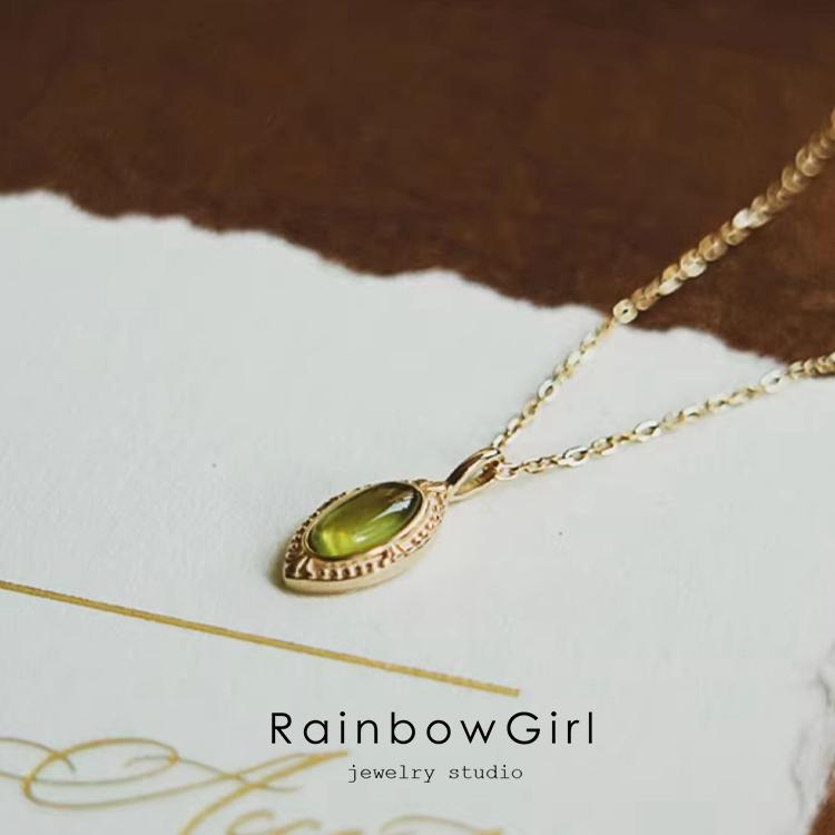 RainbowGirl ネックレス レディース しずく ペリドットカラー 緑石 8月
