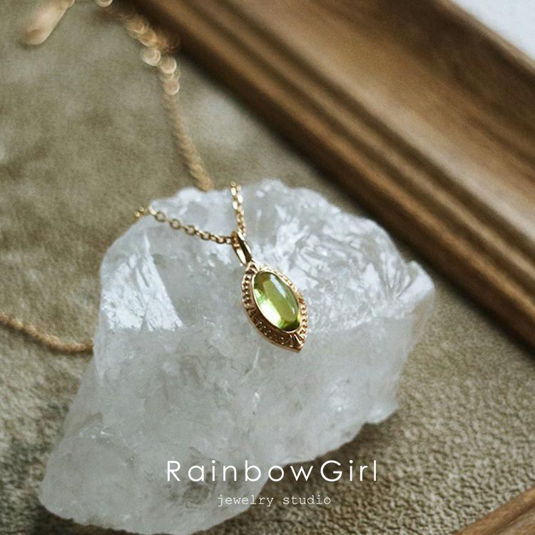 RainbowGirl ネックレス レディース しずく ペリドットカラー 緑石 8月