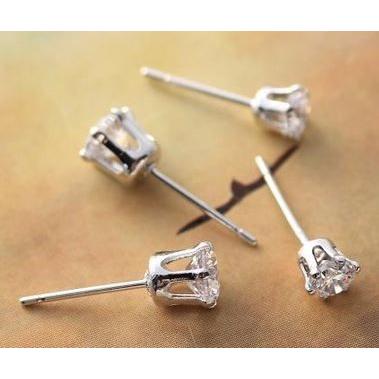 18K RGP プラチナ ダイヤ CZ 六爪 4mm 左右セット 王冠 ピアス