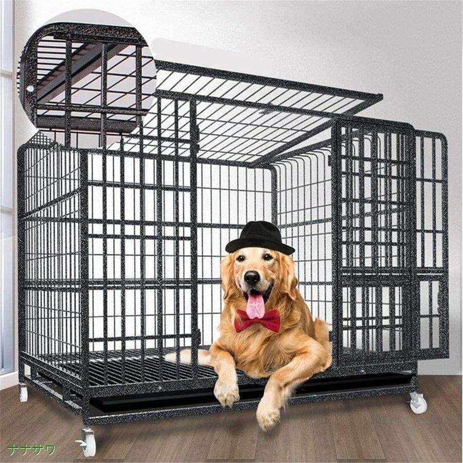 ペットケージ 鉄製 犬檻 犬小屋 ケージ 折りたたみ式 ペットサークル ドッグケージ ペットフェンス 大型 中型犬用 ペット用品 ダブルドア キャスター付き 