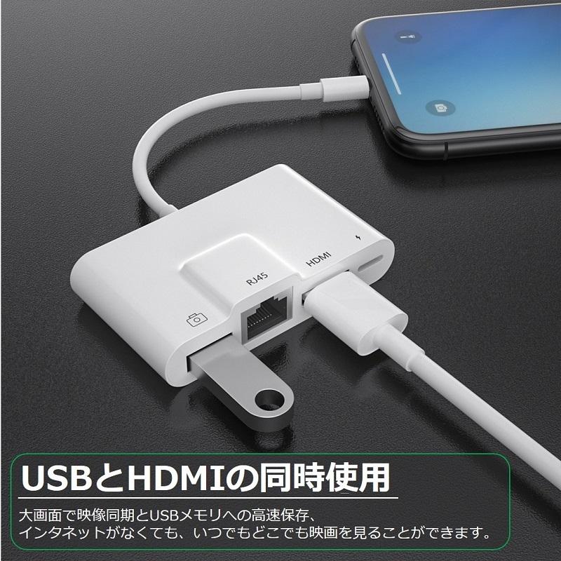 Lightning hdmi 変換アダプタ 有線LAN 変換 カメラ/ビデオ転送 iPhone to USB Lan 変換アダプタ 4in1イーサネット有線 急速充電 同時充電 高速転送【送料無料】 |  | 02