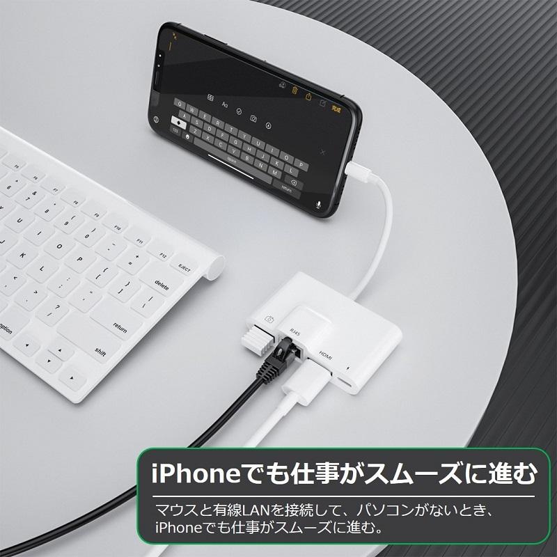 Lightning hdmi 変換アダプタ 有線LAN 変換 カメラ/ビデオ転送 iPhone to USB Lan 変換アダプタ 4in1イーサネット有線 急速充電 同時充電 高速転送【送料無料】｜rainbowtech｜05