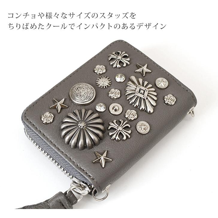 perché 牛革ミニ財布 グレー スタッズ perche（ペルケ） ミニ財布 レディース 本革 ブランド ジャバラカード