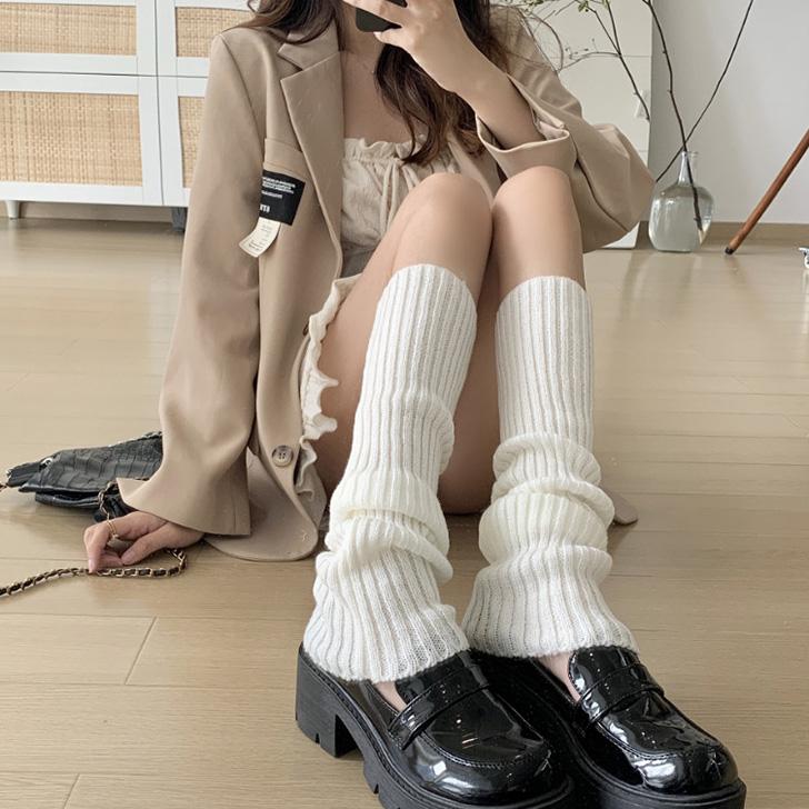 白リブ編みルーズソックス 140cm 使用感あり レッグウォーマー レディース ルーズソックス風 リブ編み 冬