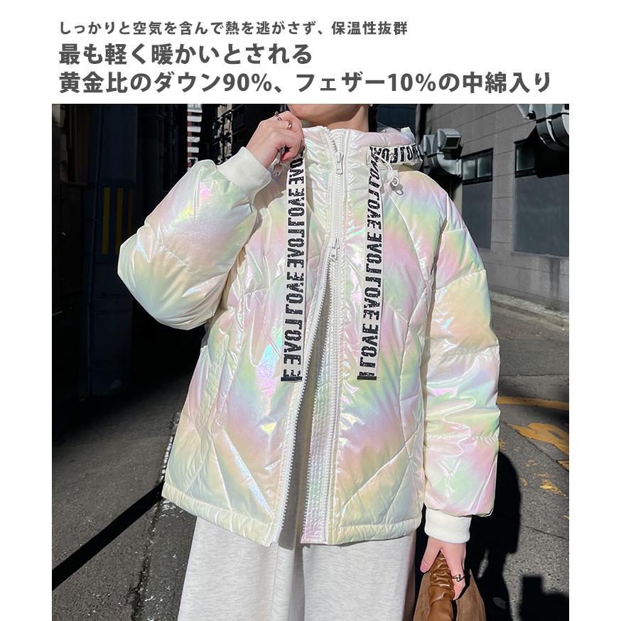新作 ダウン90％ロゴテープダブルジップホログラムフーディーダウンジャケット レディース アウター ダウンコート 羽毛 極暖 軽量 冬 撥水 中綿 厚手 あったか 防寒 暖かい ゆったり おしゃれ カジュアル 上着 ダウンジャケット コート レディース 冬 ダウン90％ 軽量 軽い 羽毛