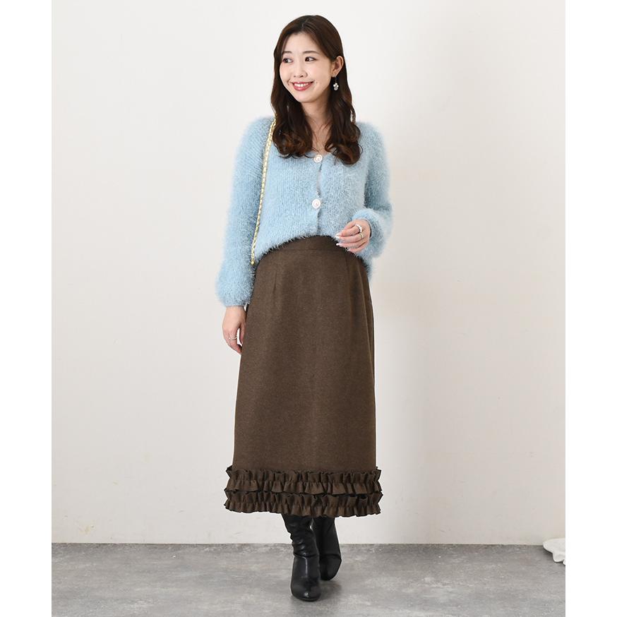 スカート ウールライク 裾フリル 秋 冬 厚手 ロング ミモレ ウエスト