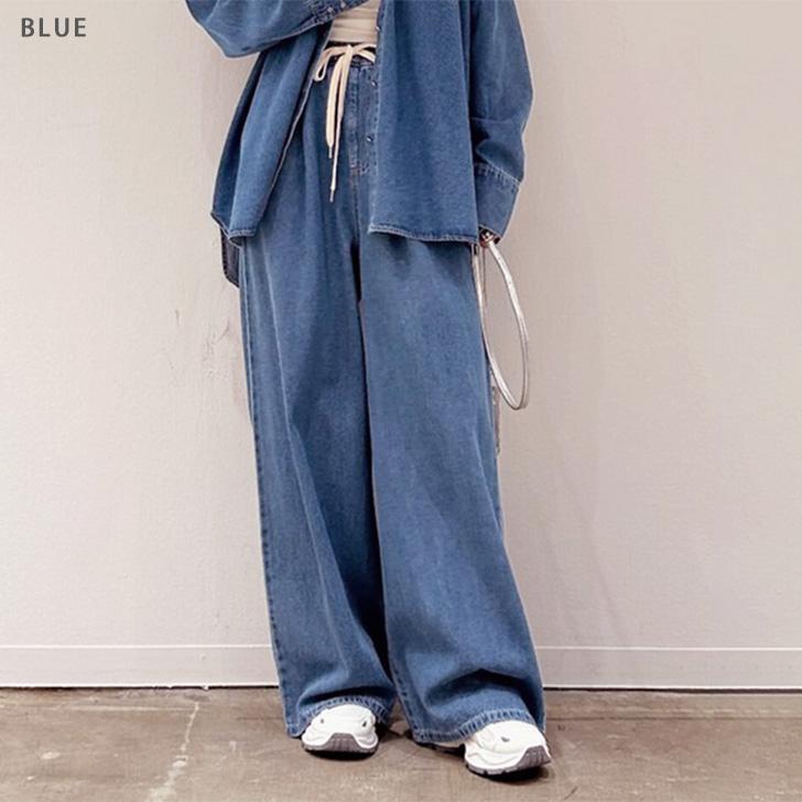 デニムパンツ レディース ワイド ウエストゴム 紐 ボトムス ジーンズ ジーパン ズボン 春 ゆったり ハイウエスト ポケット セットアップ | ブランド登録なし | 02