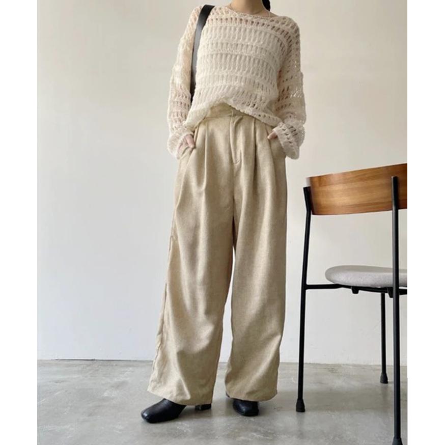 ワイドパンツ レディース 春 夏 秋 リネン風 きれいめ 薄手 ウエストゴム ハイウエスト ボトムス ズボン おしゃれ カジュアル ポケット | ブランド登録なし | 03