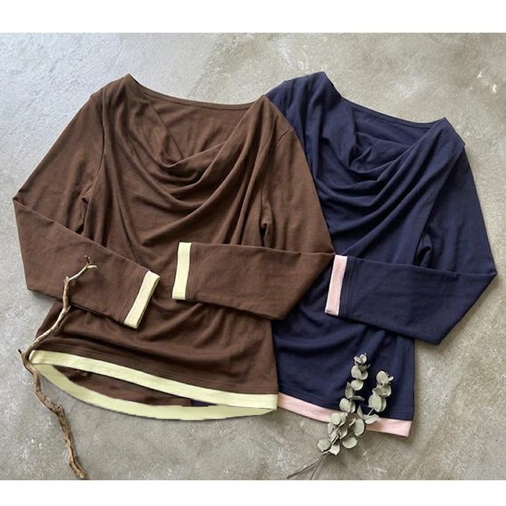 カットソー レディース 薄手 秋 長袖 オフィス ドレープネック トップス Tシャツ 重ね着風 レイヤード風 韓国 バイカラー おしゃれ | ブランド登録なし | 05
