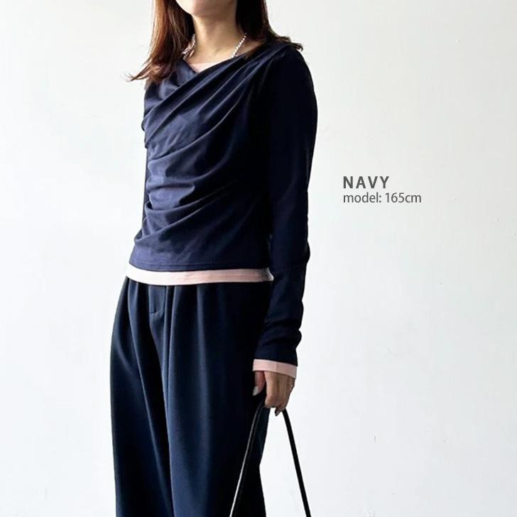 カットソー レディース 薄手 秋 長袖 オフィス ドレープネック トップス Tシャツ 重ね着風 レイヤード風 韓国 バイカラー おしゃれ | ブランド登録なし | 06