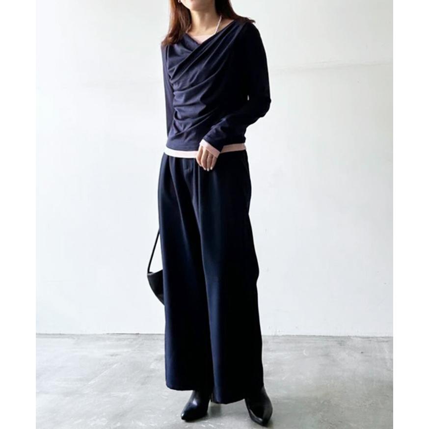 カットソー レディース 薄手 秋 長袖 オフィス ドレープネック トップス Tシャツ 重ね着風 レイヤード風 韓国 バイカラー おしゃれ | ブランド登録なし | 07