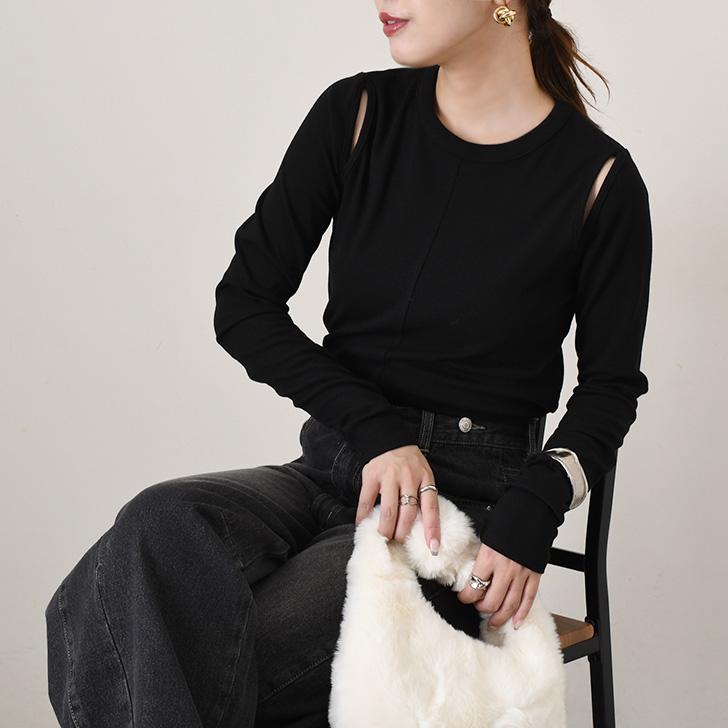 カットソー リブ カットアウト ニットソー Tシャツ レディース トップス 長袖 春 秋冬 薄手 タイト おしゃれ ロングスリーブ 韓国 肩開き | ブランド登録なし | 11
