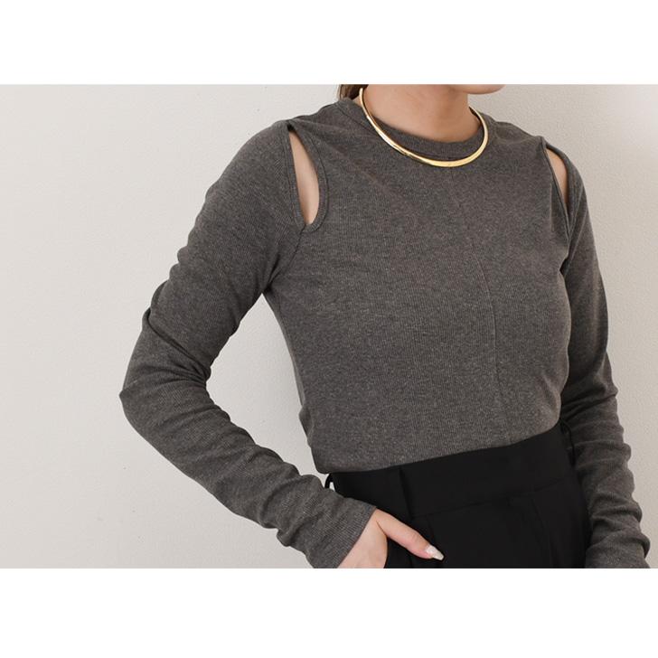 カットソー リブ カットアウト ニットソー Tシャツ レディース トップス 長袖 春 秋冬 薄手 タイト おしゃれ ロングスリーブ 韓国 肩開き | ブランド登録なし | 07
