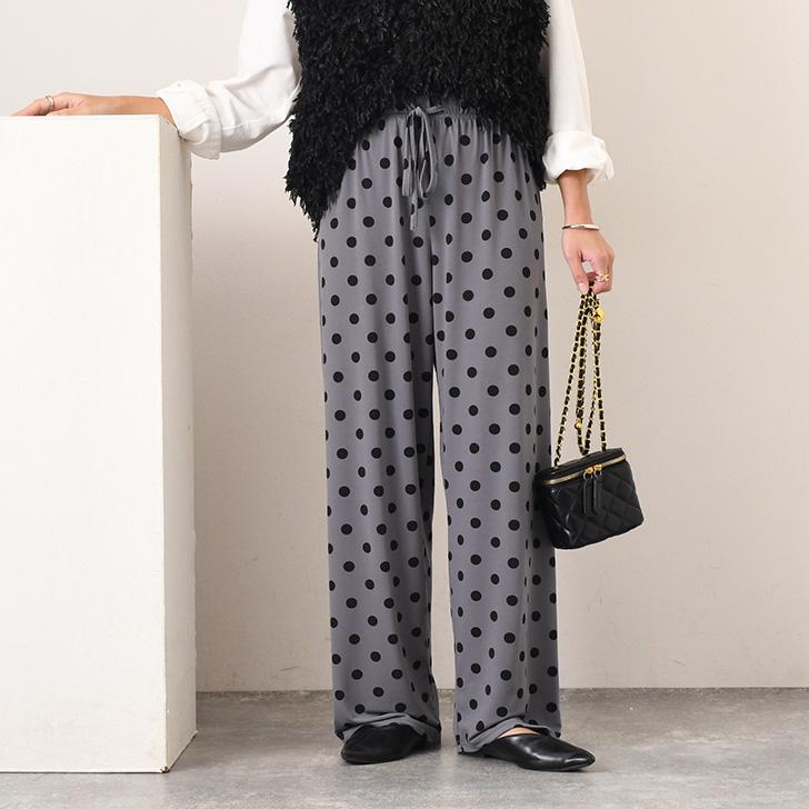 ワイドパンツ レディース 速乾 夏 きれいめ 可愛い ドット柄 ボトムス