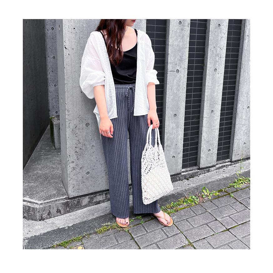 ワイドパンツ レディース ストライプ柄 エンボス 夏 涼しい ボトムス