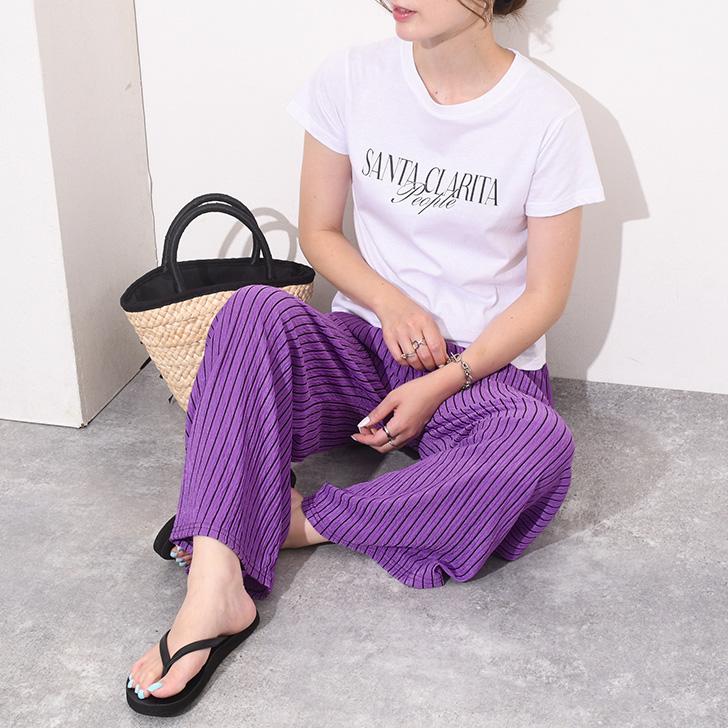 ワイドパンツ レディース ストライプ柄 エンボス 夏 涼しい ボトムス