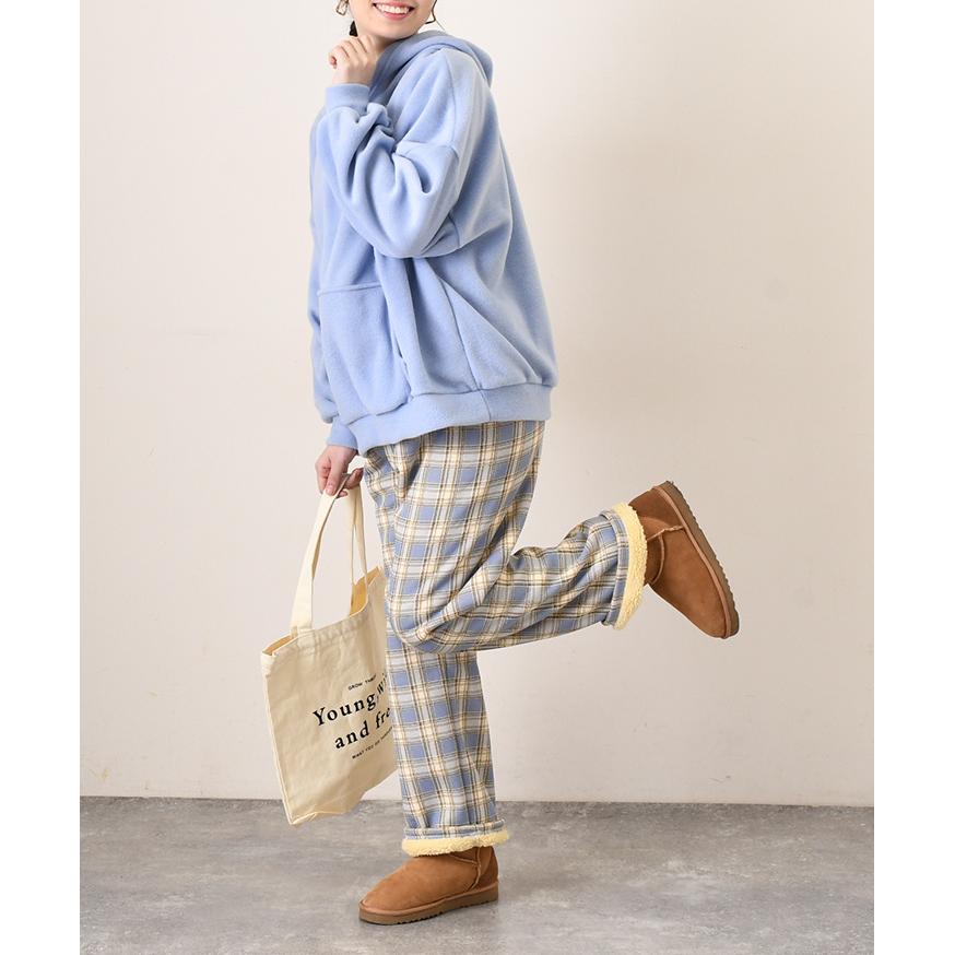 ワイドパンツ レディース 秋 冬 裏起毛 裏ボア チェック柄 ボトムス