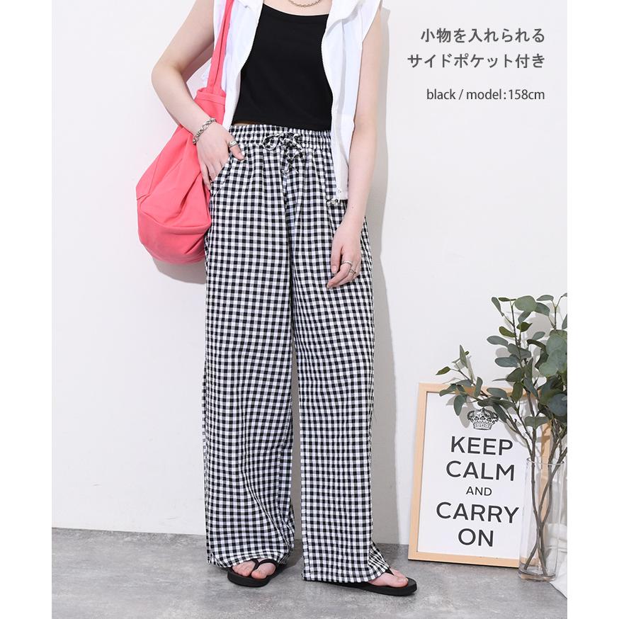 ワイドパンツ レディース 丈長め 春 夏 ギンガムチェック ハイウエスト