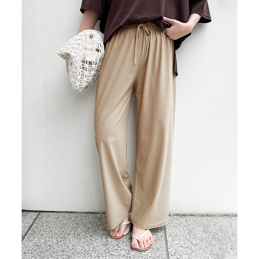 ベージュ ゴムウエスト ストレートパンツ ベルシー Belle Cie ワイドパンツ ストレートパンツ ズボン ボトム