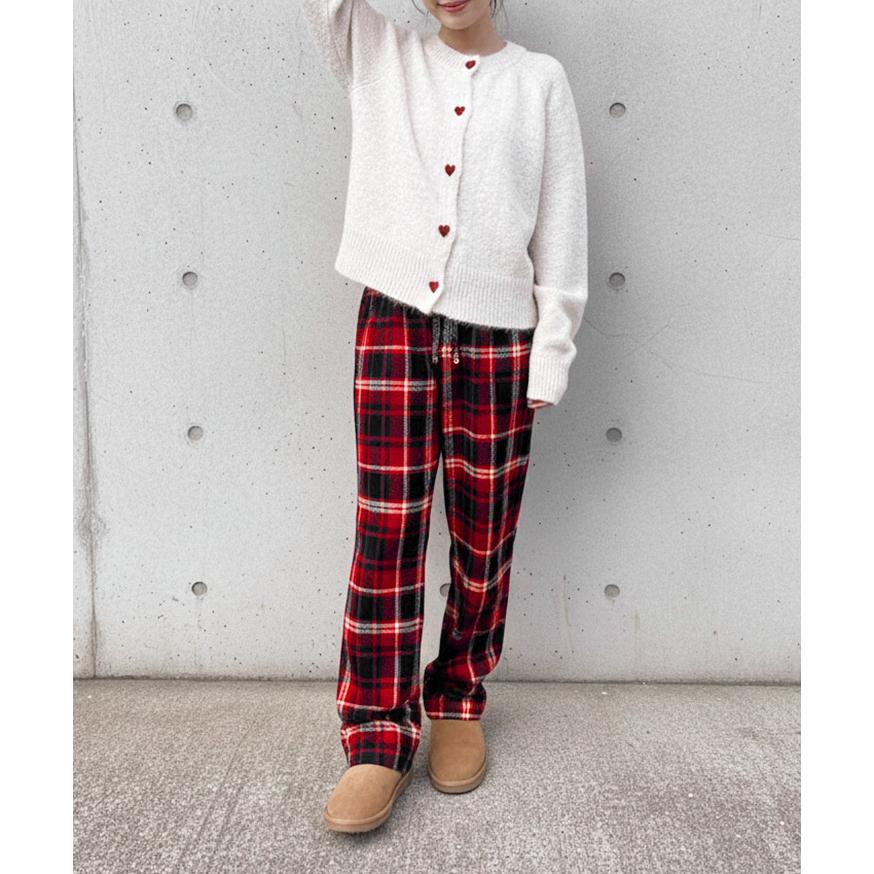 ワイドパンツ レディース チェック柄 裏ボア フリース 薄手 秋 冬