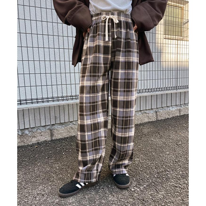 ワイドパンツ レディース チェック柄 裏ボア フリース 薄手 秋 冬