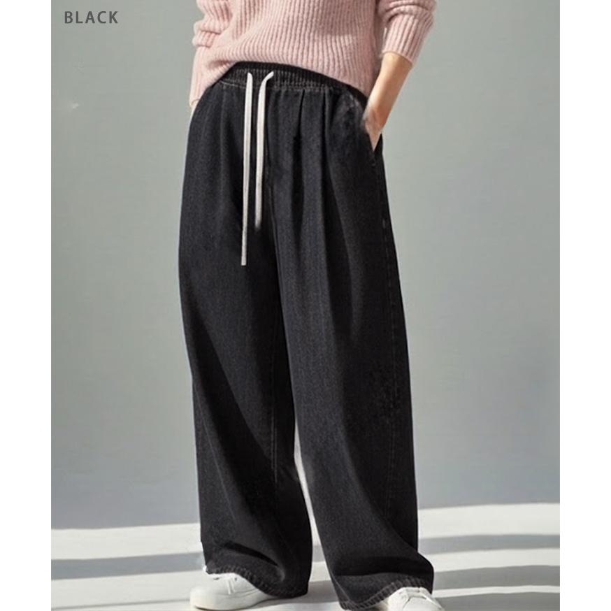 デニムパンツ レディース ワイド ウエストゴム ストレッチ 薄手