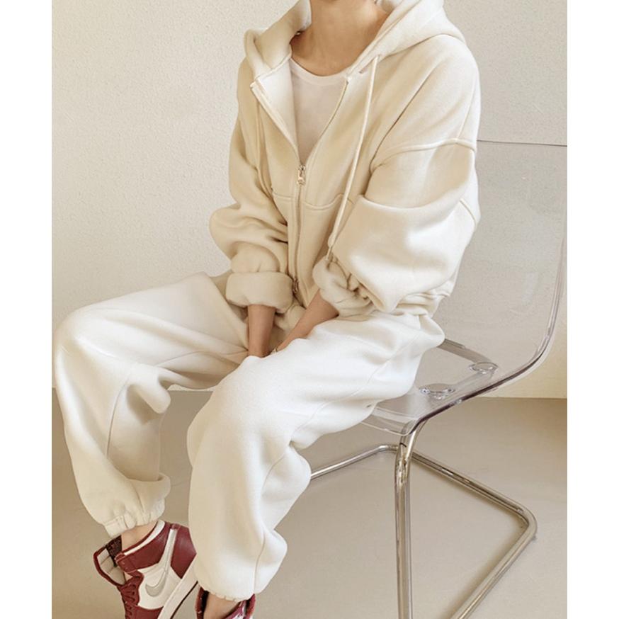 クリーム フード付きパーカーとジョガーパンツセット セットアップ レディース 秋 冬 裏起毛 パーカー ジョガーパンツ