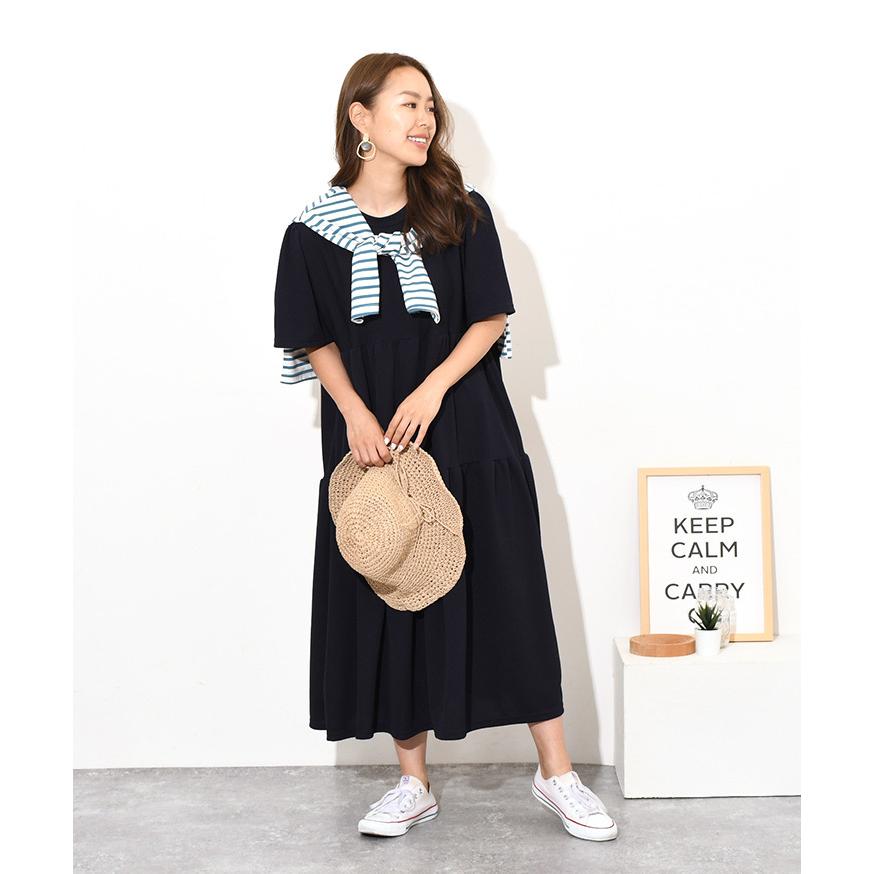 ワンピース レディース 夏 きれいめ 半袖 ティアード ロング エンボス