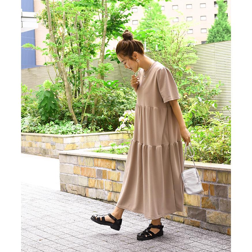 ワンピース レディース 夏 きれいめ 半袖 ティアード ロング エンボス
