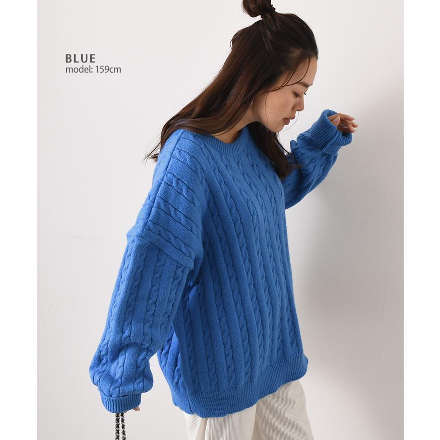 ケーブルニット レディース 長袖 ボリューム オーバーサイズ セーター