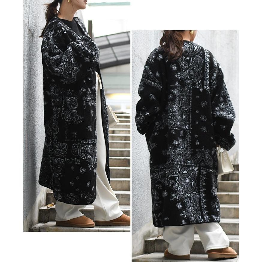 ボアコート レディース ロングコート ペイズリー柄 アウター 前