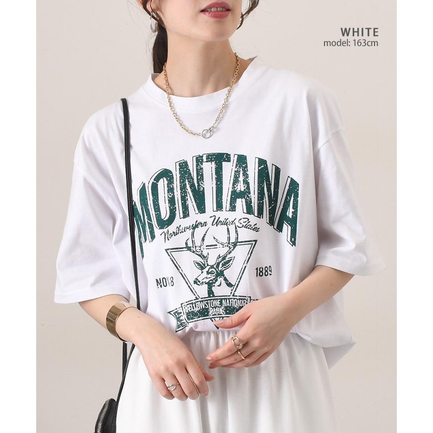 Tシャツ レディース 半袖 綿 トップス カットソー 夏 涼しい カジュアル 鹿 シカ ロゴプリント ゆったり 大きめ ロング丈 体型カバー｜rainbunker｜08