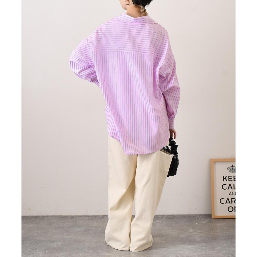 シャツ レディース 長袖 ストライプ柄 ブルー 青 大きいサイズ