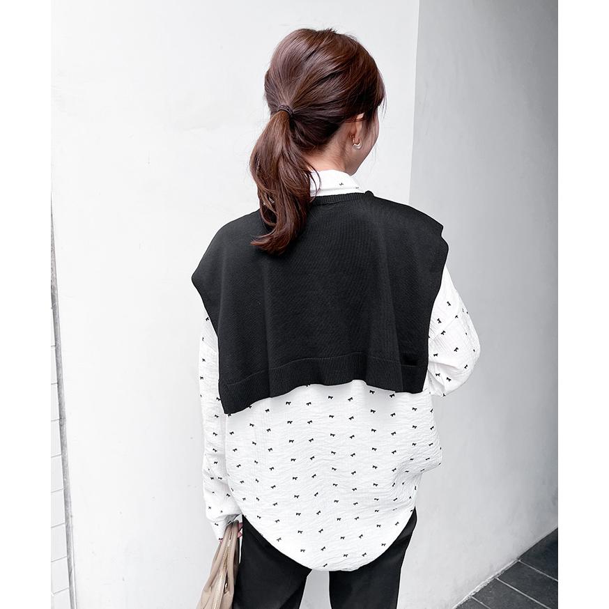 シャツ レディース 2点セット 長袖 ロング リボン柄 肩掛けニット付き