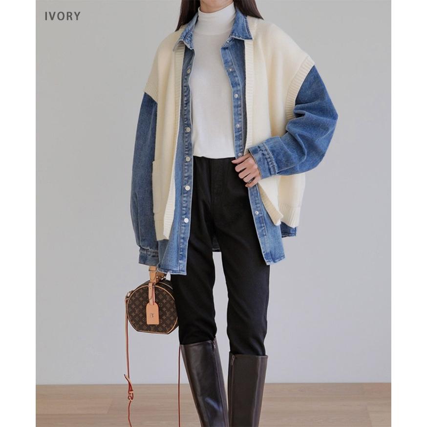 新作 サイドポケットニットベストドッキングビッグデニムジャケット レディース トップス アウター 長袖 秋冬 厚手 羽織 上着 前開き 暖かい あったか 防寒 デニムシャツ 異素材 大きいサイズ おしゃれ トレンド デニムジャケット ニットベスト レディース ドッキング トップス
