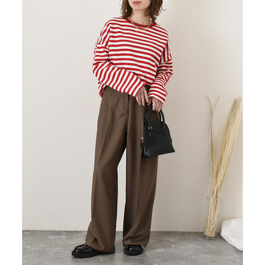 【ブラック】アップサイドダウンロゴボーダー柄 裏起毛 長袖 カラーシャツ (WOMENS) Tシャツ レディース 長袖 裏起毛 春 秋 冬 ボーダー柄 暖かい あったか