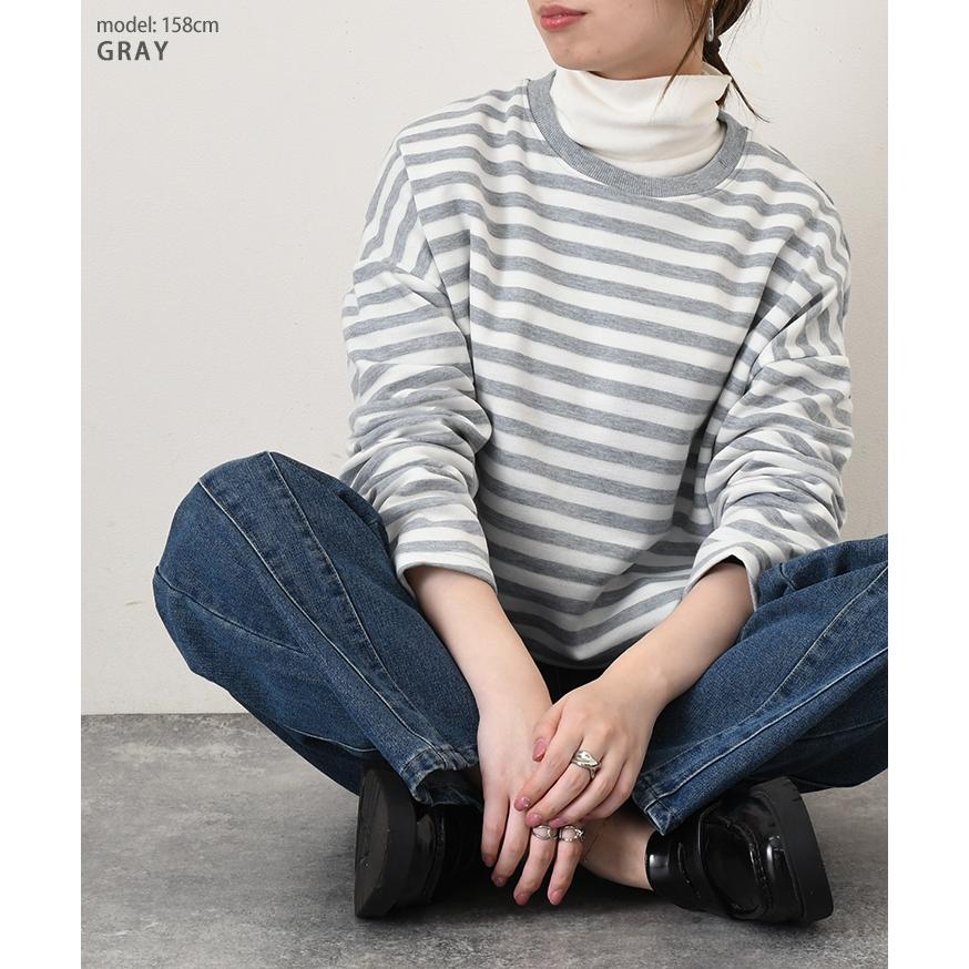 Tシャツ レディース 長袖 裏起毛 春 秋 冬 ボーダー柄 暖かい あったか